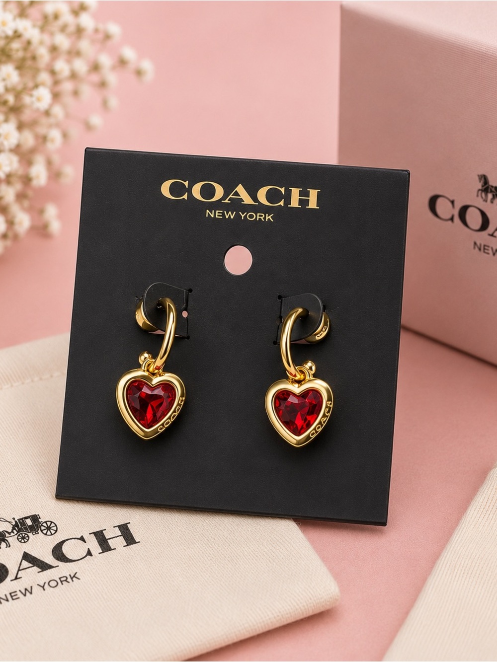 COACH Gold Heart Hoop Earrings with Red Crystal Centers